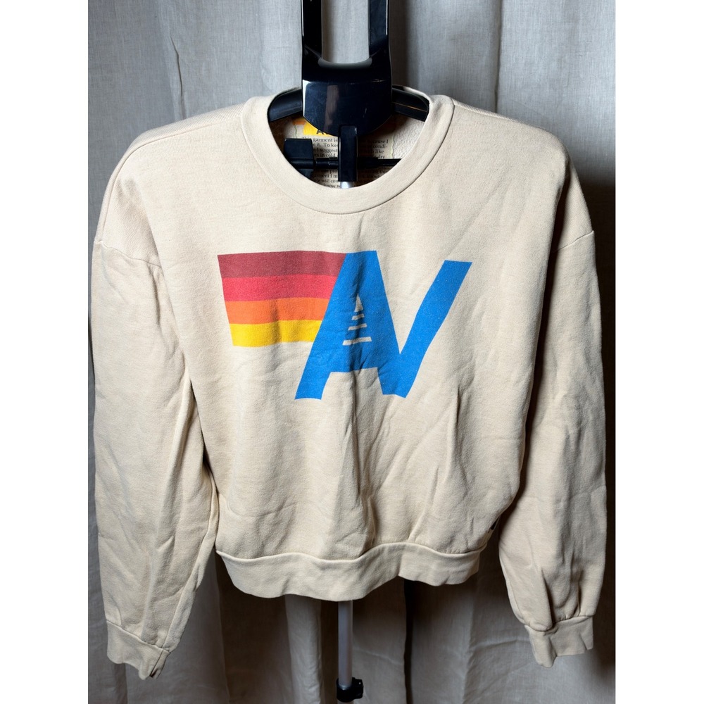 Aviator Nation Logo Cropped Crewneck Sweatshirt Women XS Cream Oversized Retro